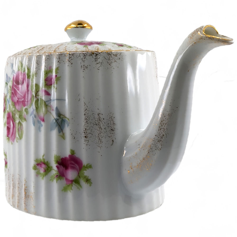 Bountiful Roses Teapot Lefton China K2275 Hand Painted Oval with Ribbed Pattern - Picture 3 of 9